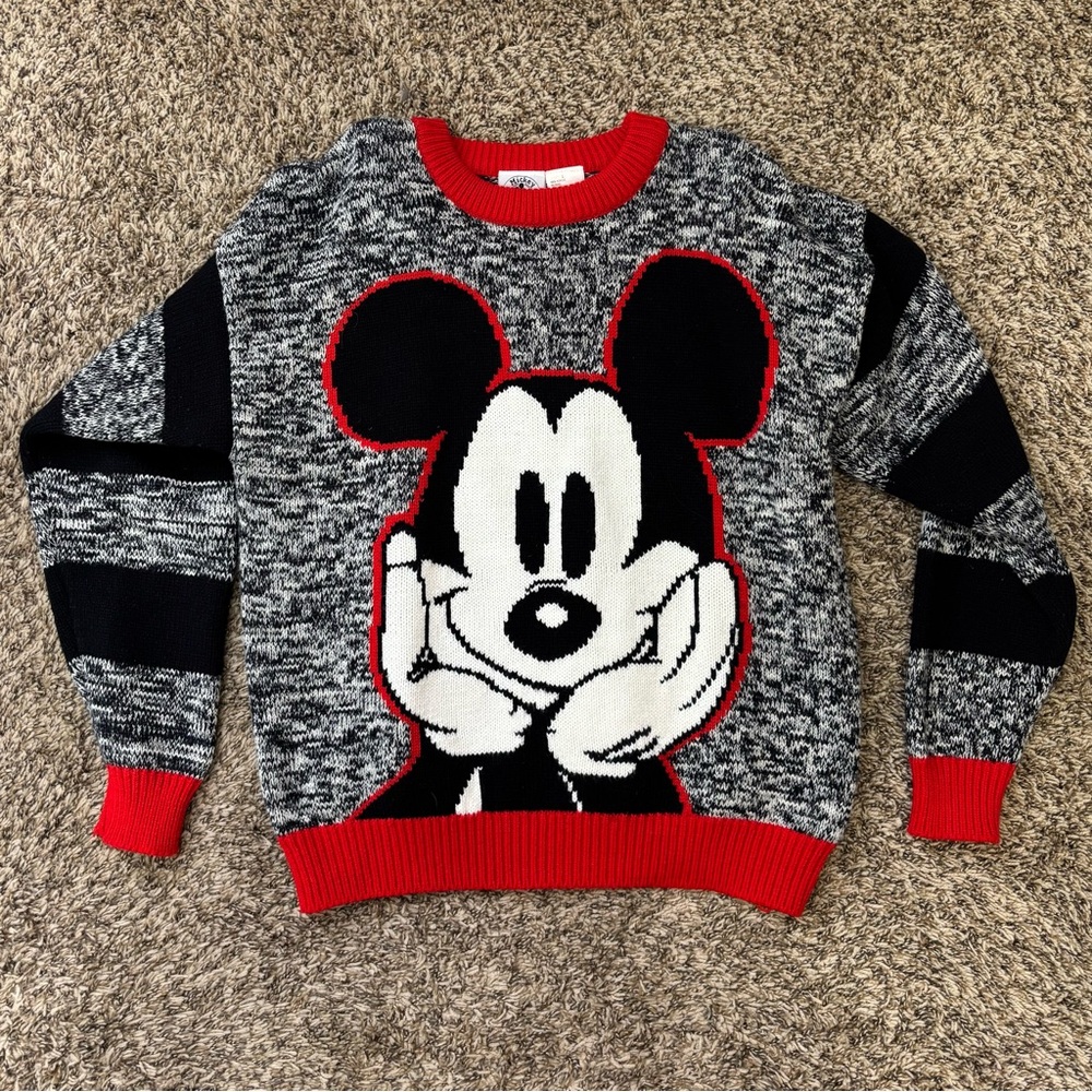 Vintage Mickey Mouse Disney & Co Knit Sweater Womens Size Large Gray Black Red
